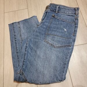 Pilcro Women's The Wanderer Mid-Rise Relaxed Tapered Raw Hem Denim Jeans 28 Blue